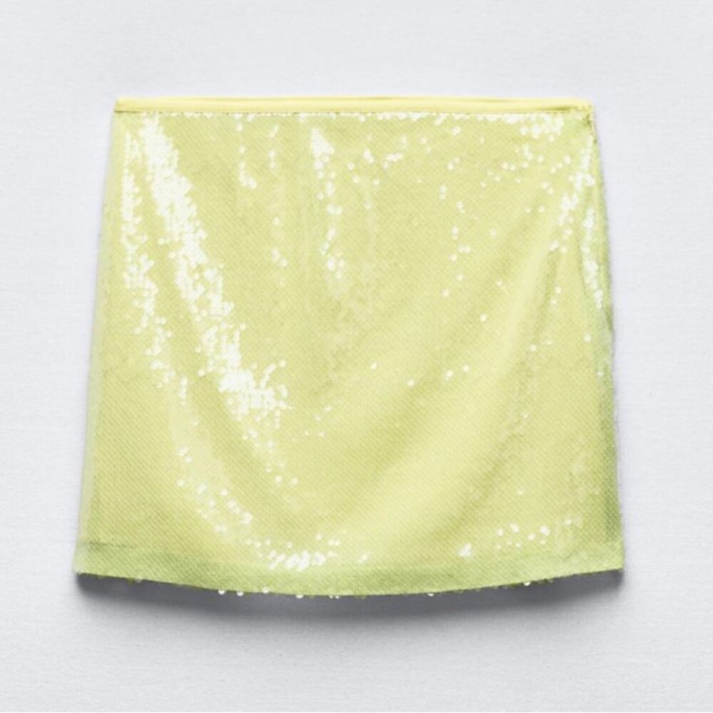 New Zara Sequin High Waist Yellow Mini Skirt Large NWOT - Picture 10 of 17